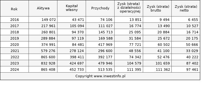 Jednostkowe wyniki roczne CYBERFLKS (w tys. zł.)
